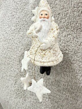 Santa Claus White Gold Glitter Stars Christmas Ornament 5in Celestial Whimsical